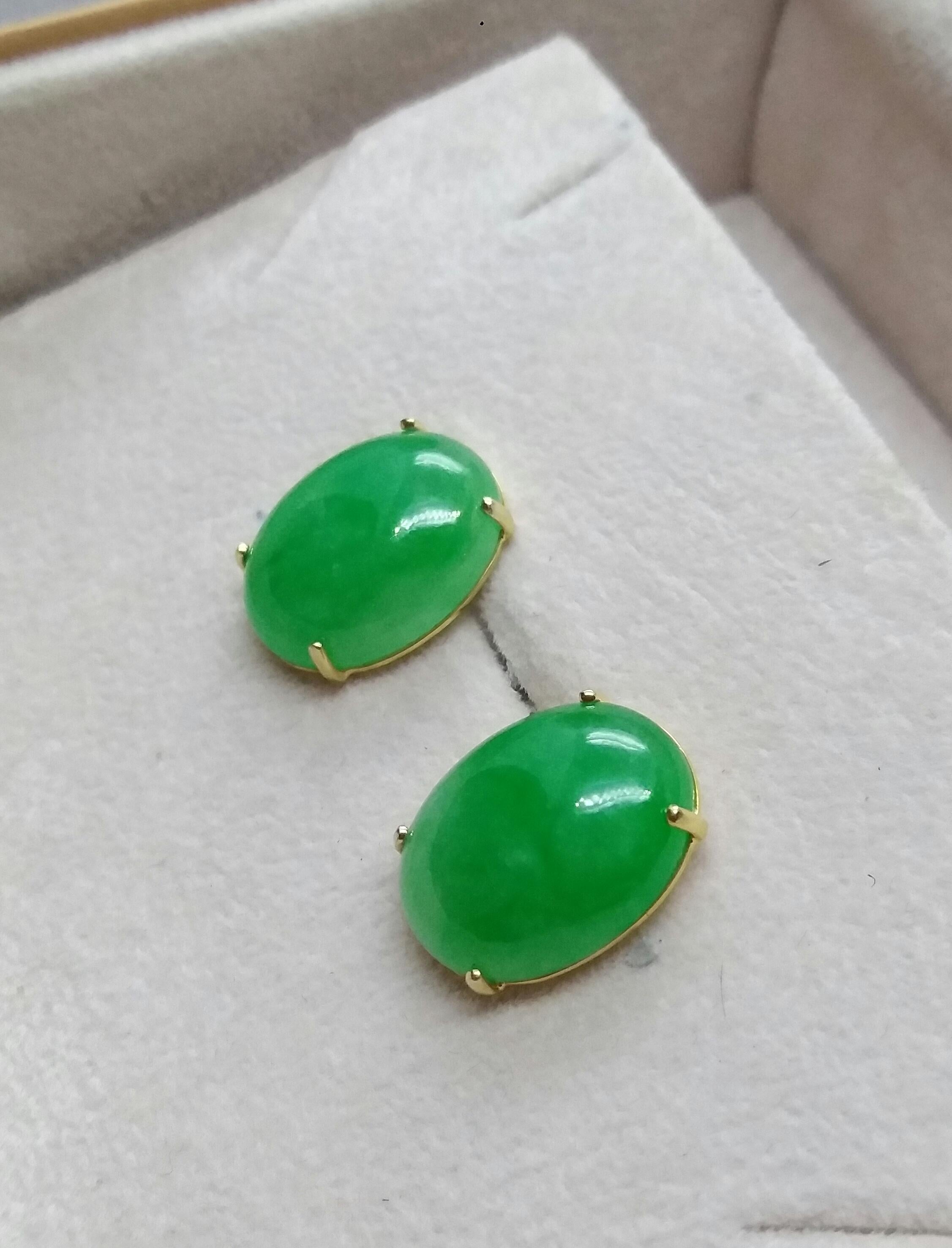 Natural Green Color Jade Oval Cabs 14 Karat Yellow Gold Stud Earrings For Sale 2