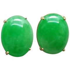 Natural Green Color Jade Oval Cabs 14 Karat Yellow Gold Stud Earrings