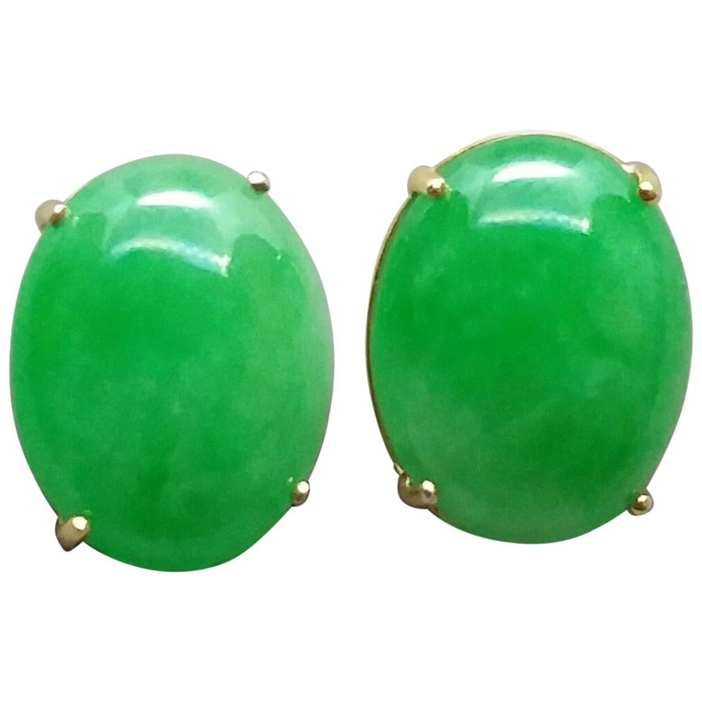 Natural Green Color Jade Oval Cabs 14 Karat Yellow Gold Stud Earrings For Sale
