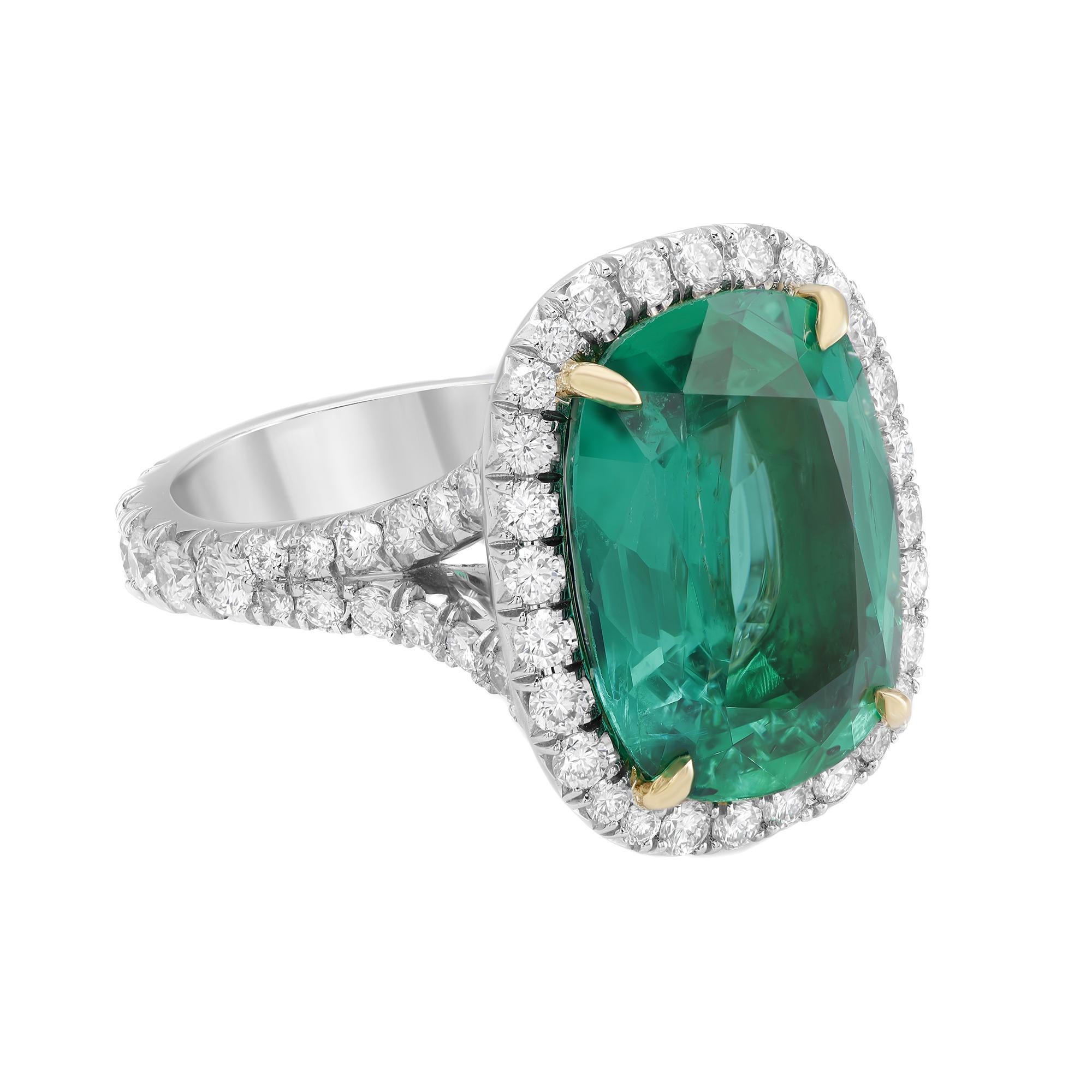 Modern Natural Green Cushion Zambian Emerald and Diamond Halo Ring Platinum 7.30cts