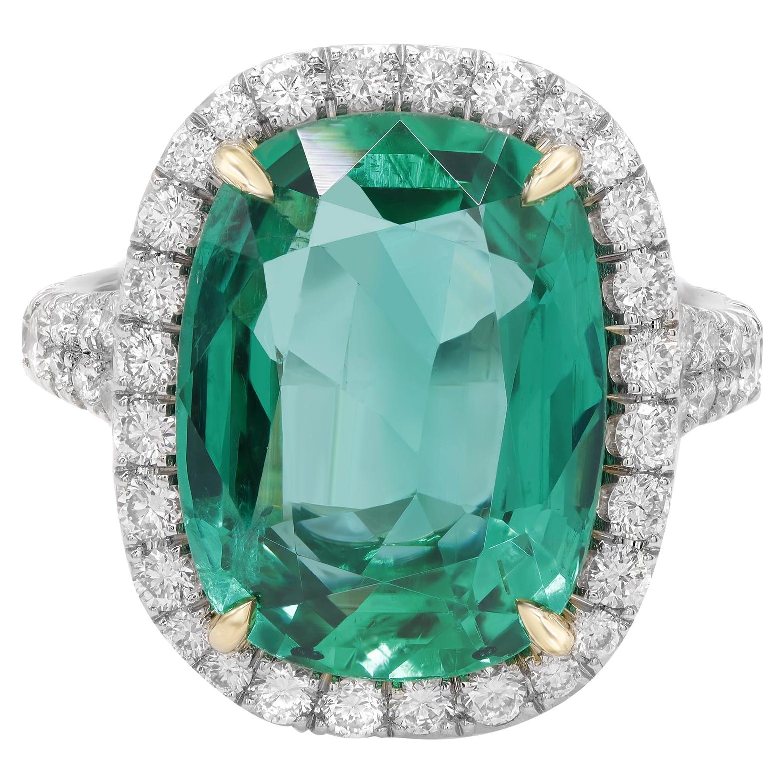 Natural Green Cushion Zambian Emerald and Diamond Halo Ring Platinum 7.30cts