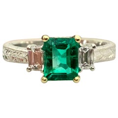 Natural Green Emerald 1.13 Carat GIA Certified with Platinum and Diamond Ring Natural Green Emerald 1.13 Carat GIA Certified with Platinum and Diamond Ring