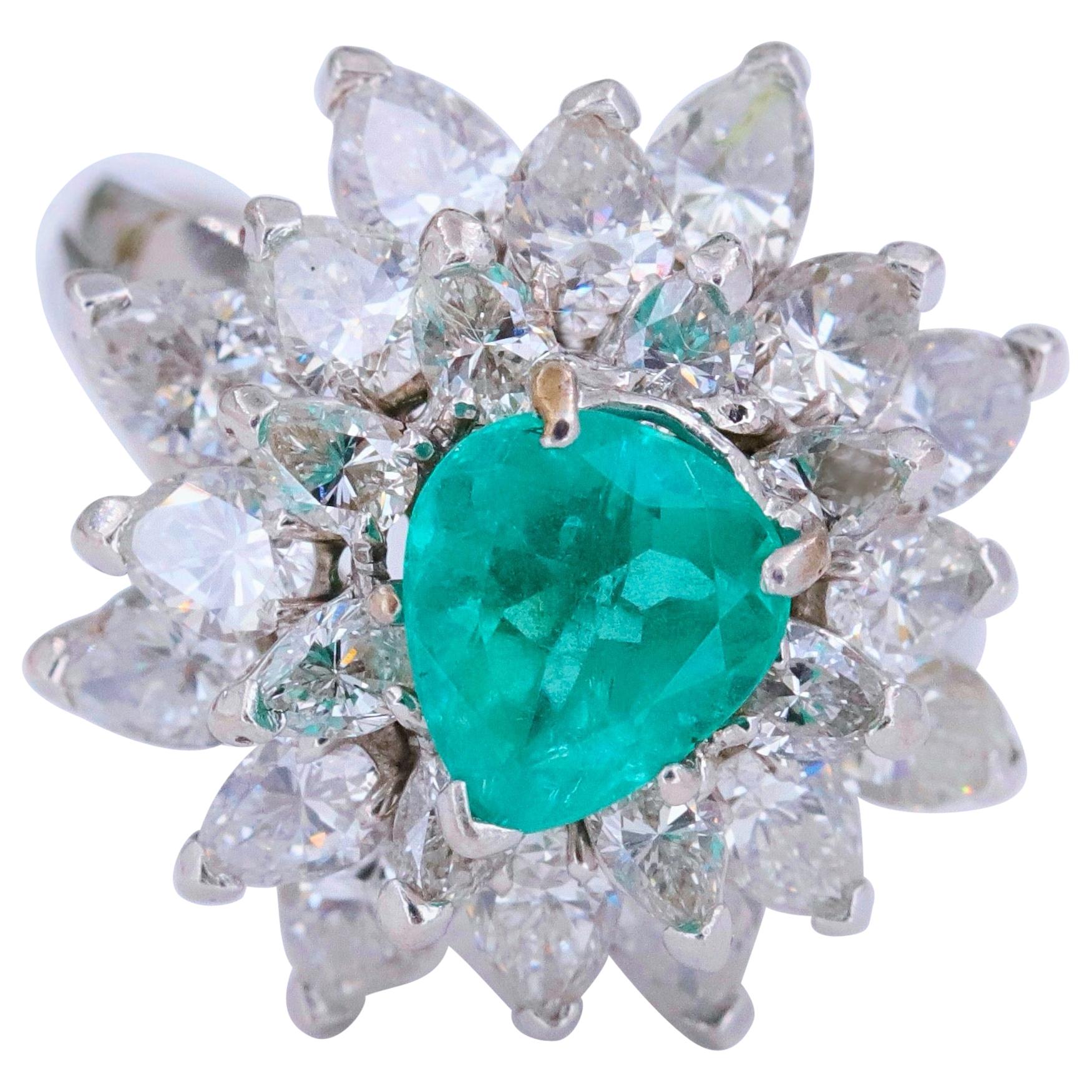 Natural Green Emerald and Diamond Platinum Ballerina Ring 3.50 Carat For Sale