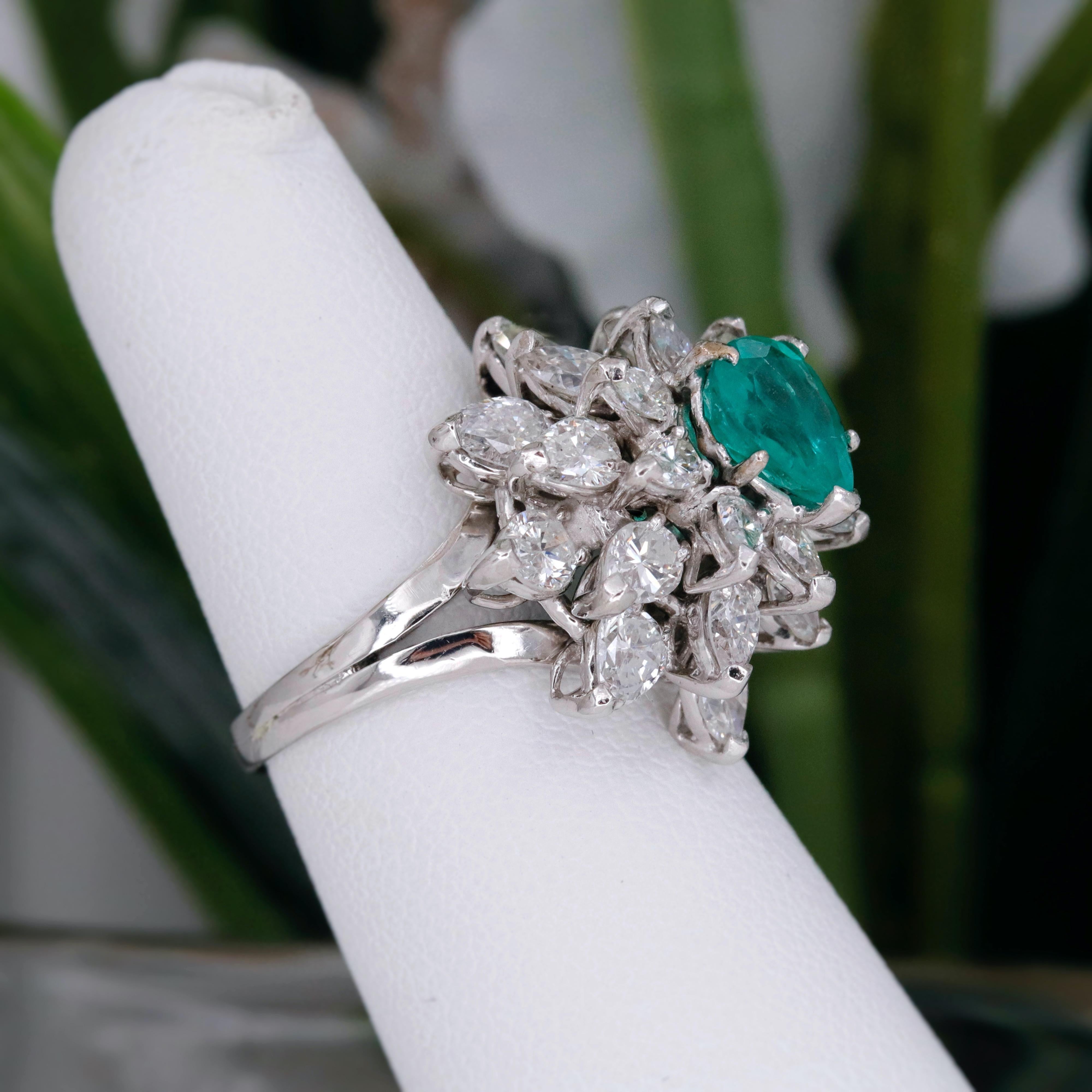 Women's Natural Green Emerald and Diamond Platinum Ballerina Ring 3.50 Carat For Sale
