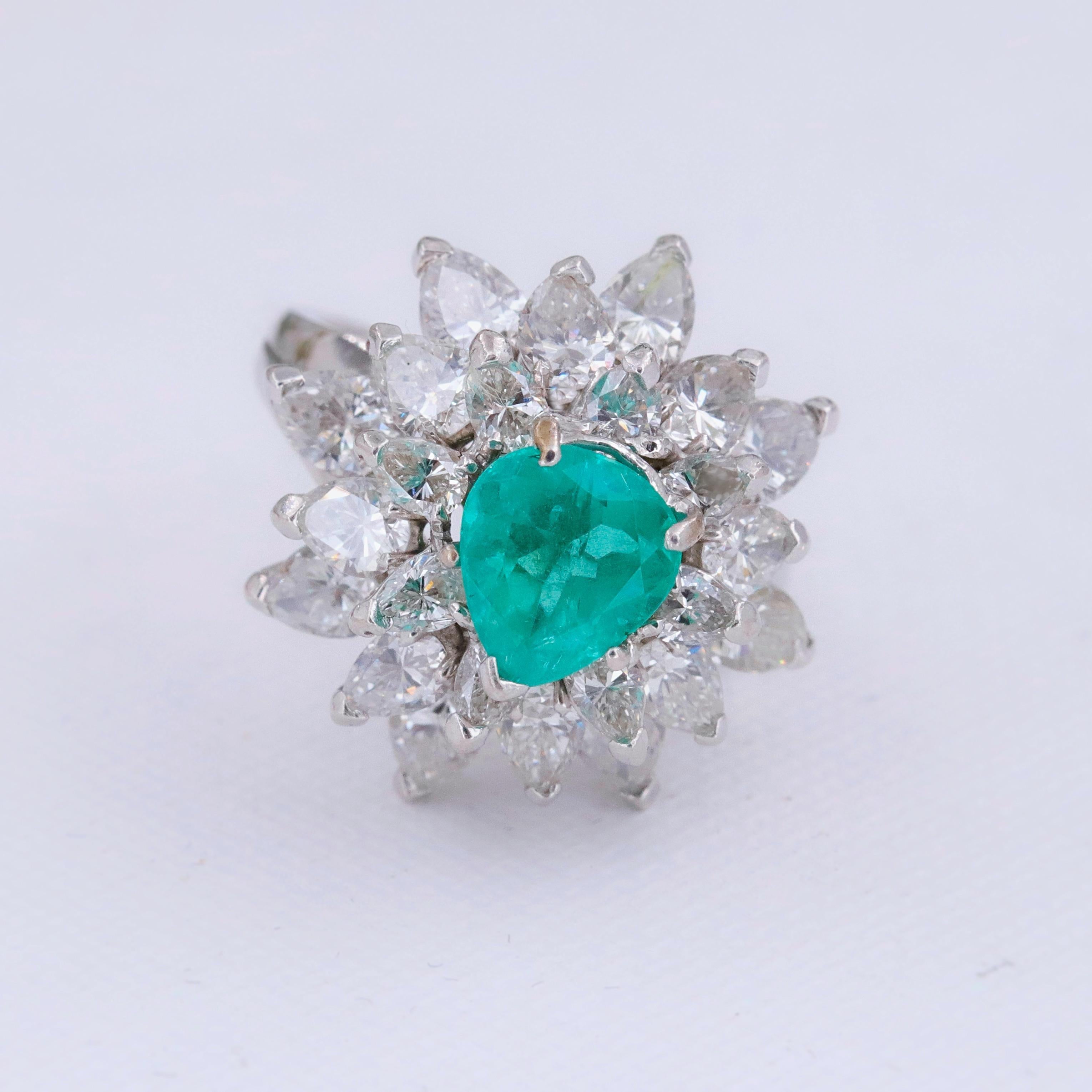 Natural Green Emerald and Diamond Platinum Ballerina Ring 3.50 Carat For Sale 2