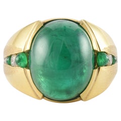Natural Green Emerald Cabochon and Diamond Ring