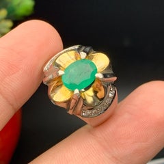 Natural Green Emerald Cocktail Ring in 925 Sterling Silver Handmade with Accents