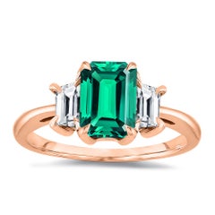 Natural Green Emerald Cut 8x6mm Three Stone 1/2 Carat Emerald Cut Side Diamond