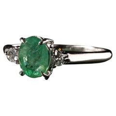 Natural Green Emerald & Diamond Ring 18ct White Gold Three Stone Size L.5 / 6