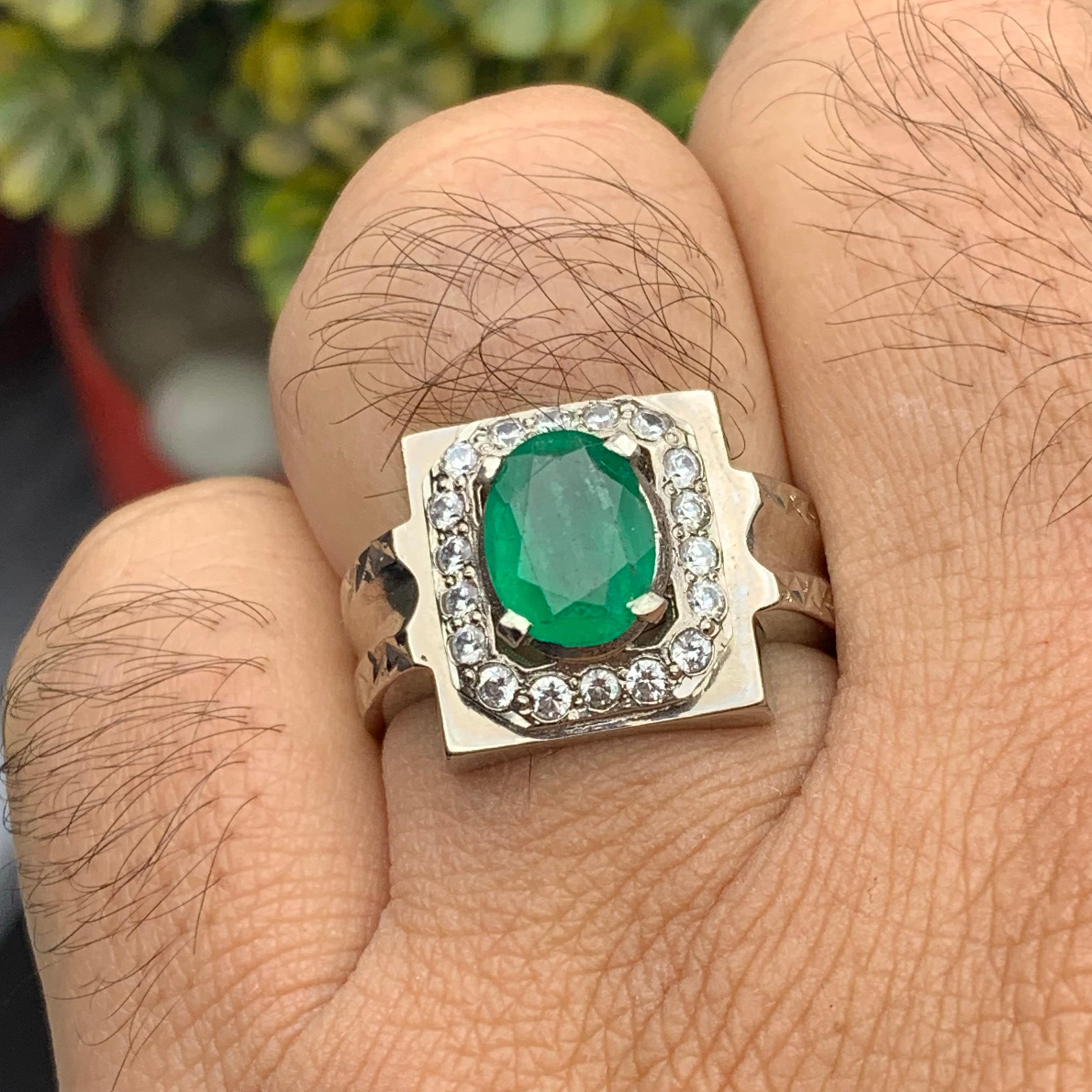 Anello con smeraldo verde naturale in argento 925 - Cocktail fatto a mano, taglia 10 in vendita 5