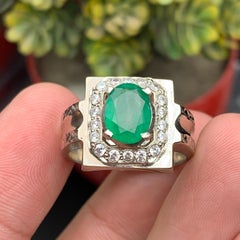 Anello con smeraldo verde naturale in argento 925 - Cocktail fatto a mano, taglia 10