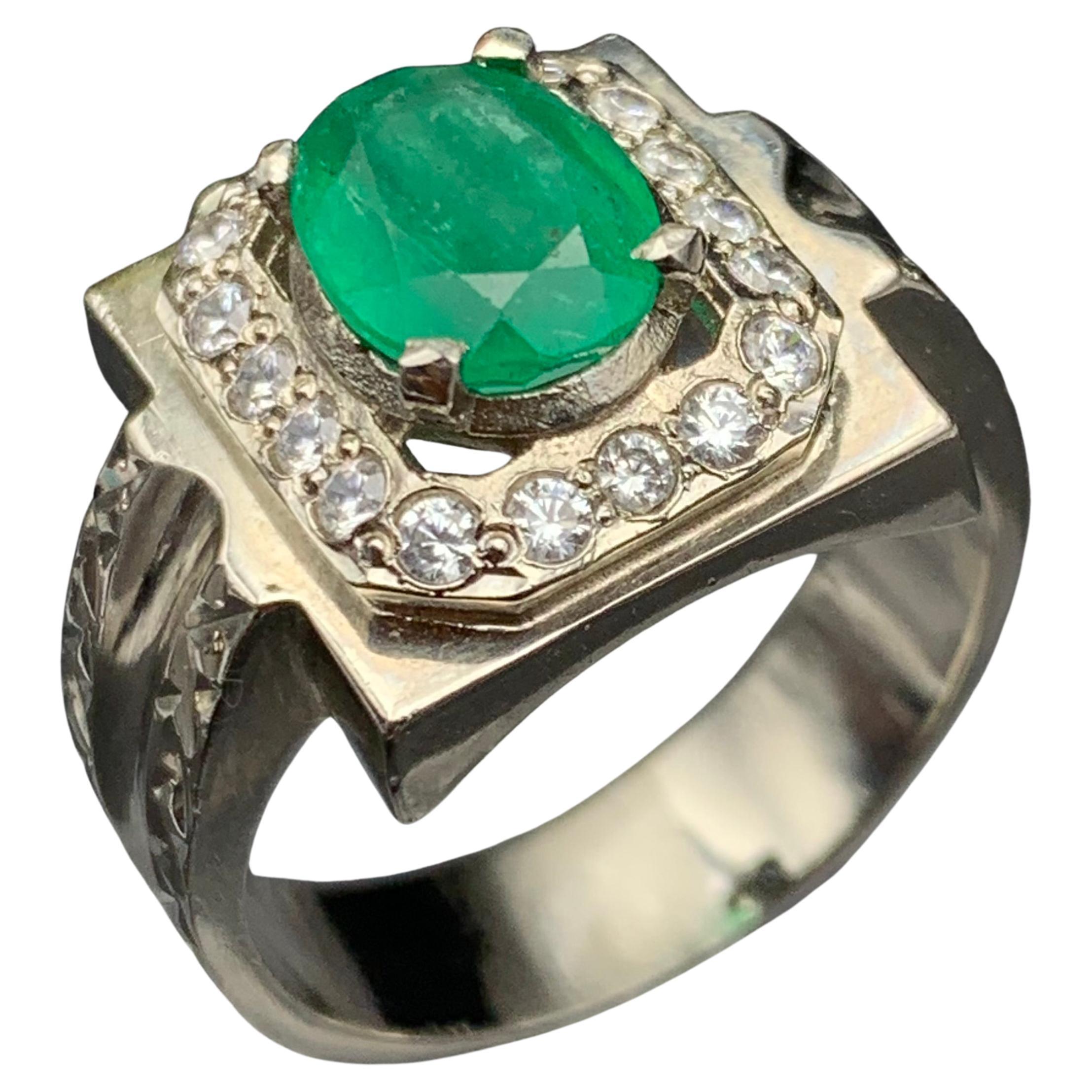 Natural Green Emerald Halo Ring in 925 Silver — Handmade Cocktail, US Size 10