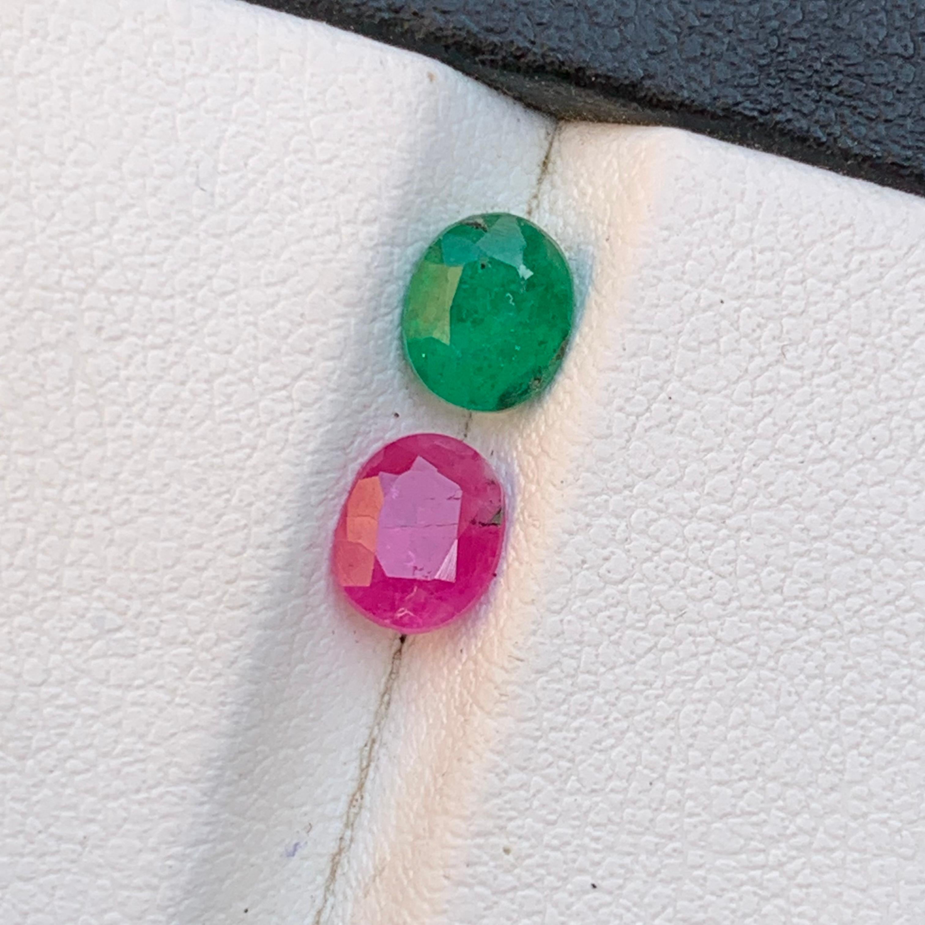 Natural Green Emerald and Pink Ruby Reverse Pair 1.36 Ct Oval Cut Loose ...