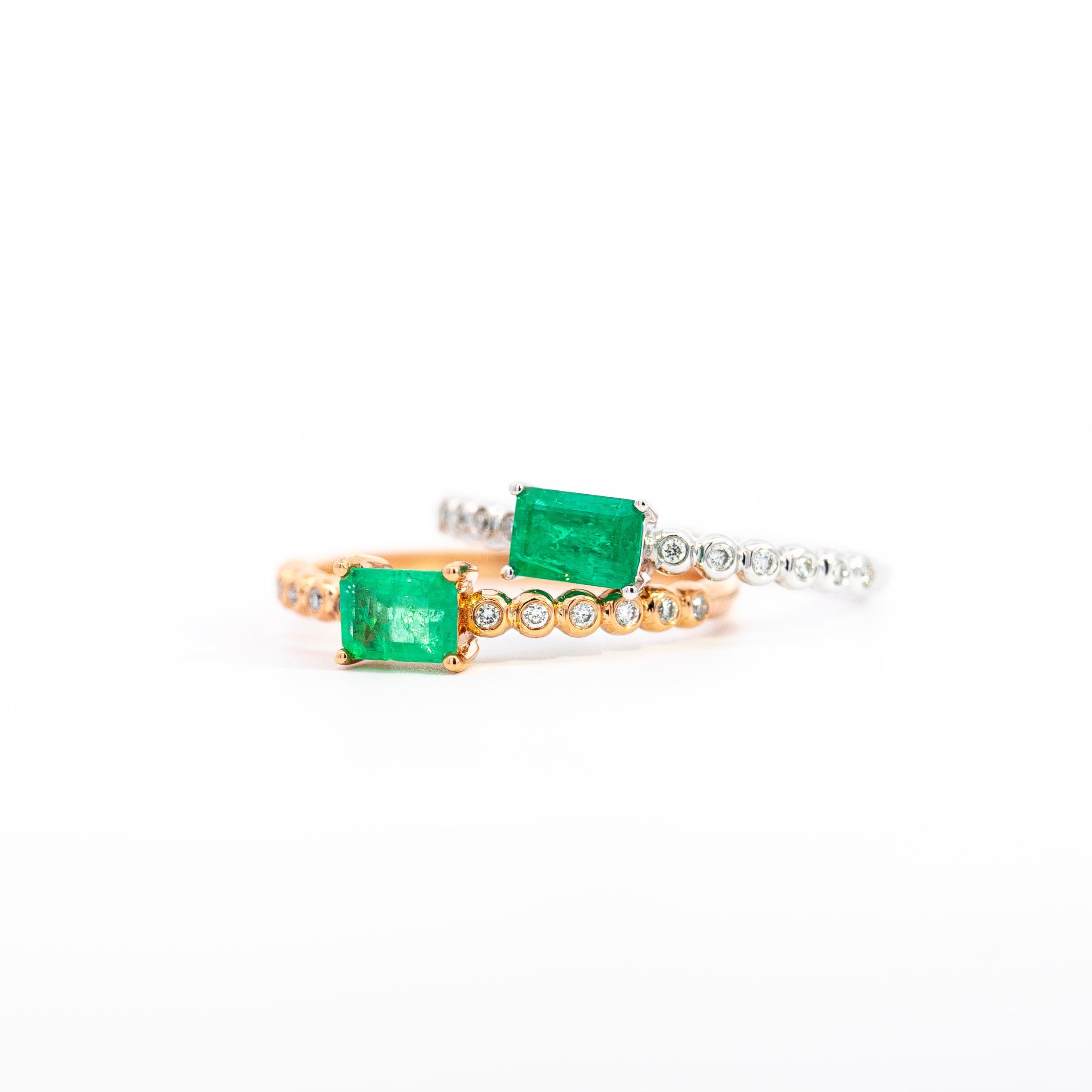 Natural Green Emerald with Bezel Set Diamond Side Stones Stacking Ring For Sale 5