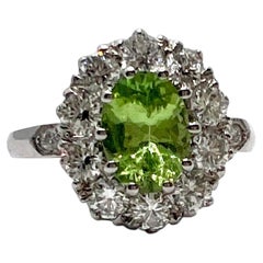 Natural Green Garnet and Diamond Scalloped Halo Cluster Ring set in platinum