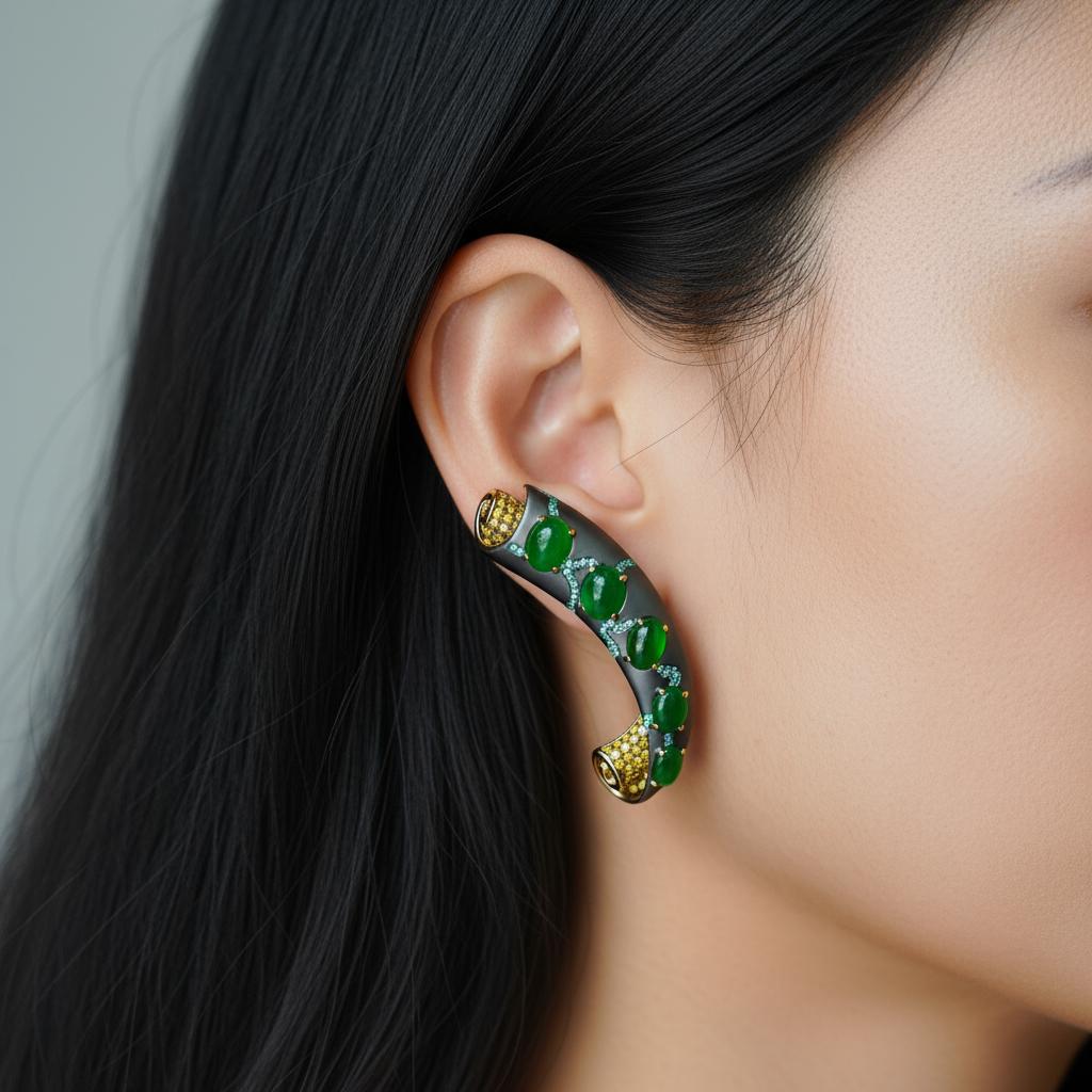 Austy Lee, boucles d'oreilles parchemin en or 18 carats, jade vert naturel et diamants de 2,1 carats en vente 2