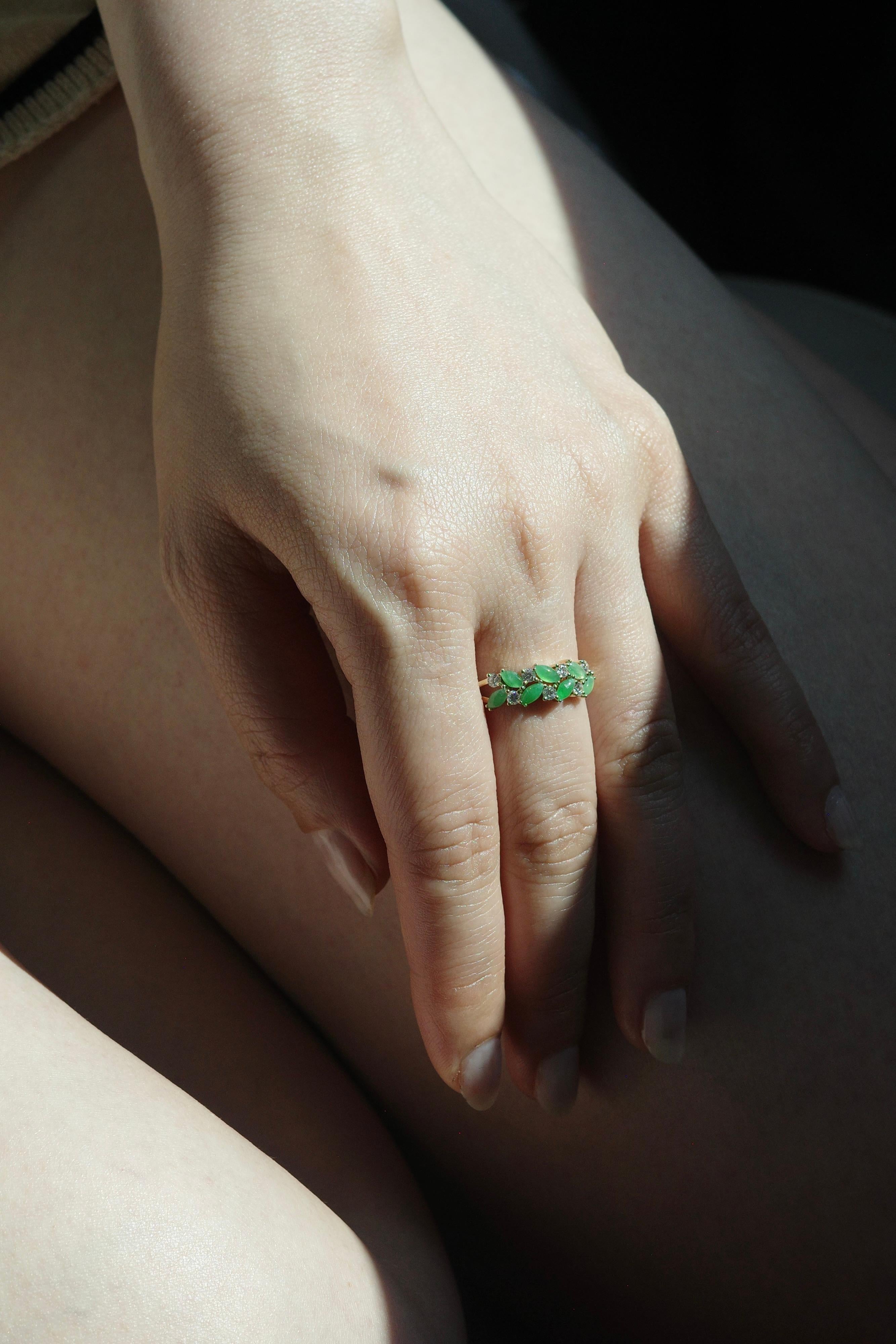 En vente :  Bague en or jaune 14K en jade vert naturel et diamant, bijoux en jadéite pour femme 3