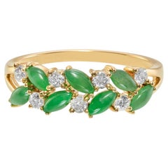 Natural Green Jade and Diamond Ring in 14K Yellow Gold, Women Jadeite Jewelry