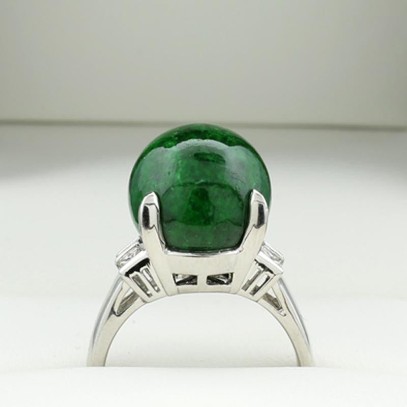 Ball Cut Natural green Jade Ball 12.5 mm and Diamonds Ring 900 Platinum Unique Piece For Sale