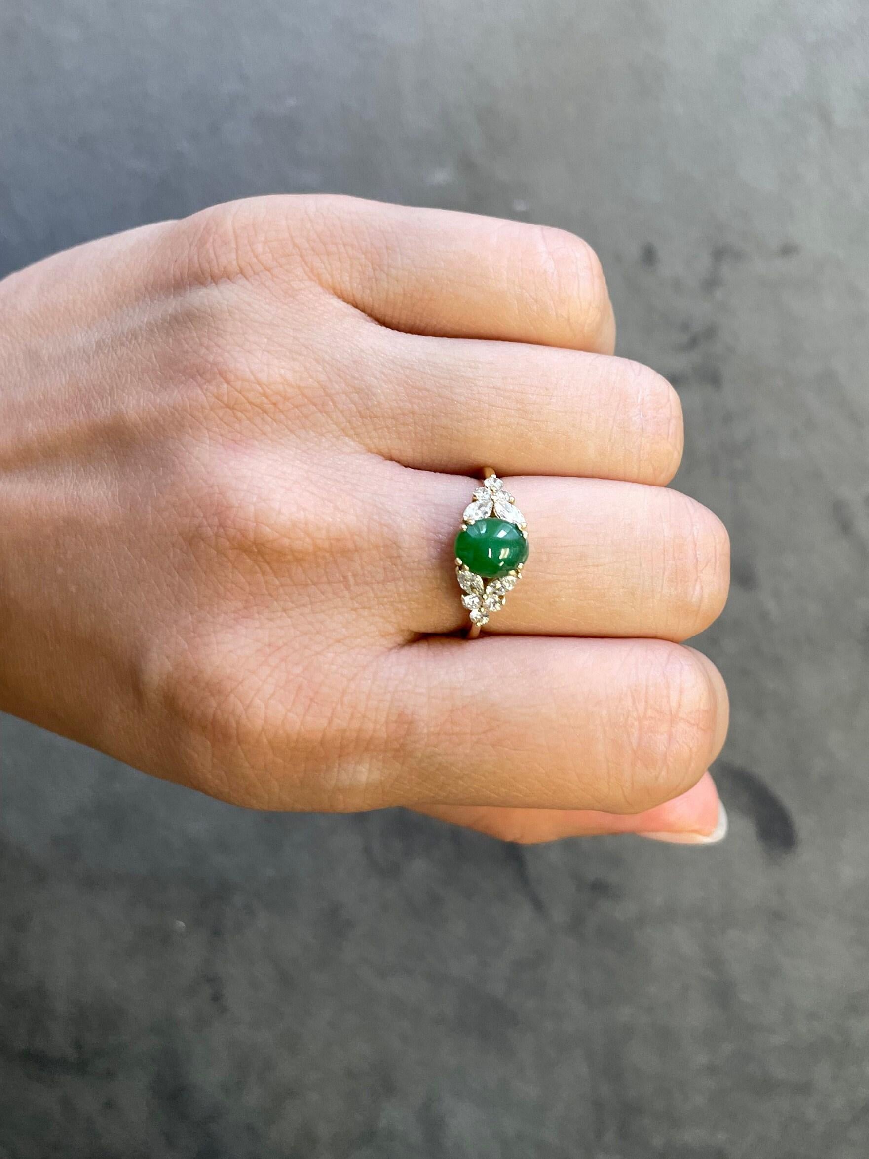 For Sale:  Natural Green Jade Ring with marquise and round diamond accents 2