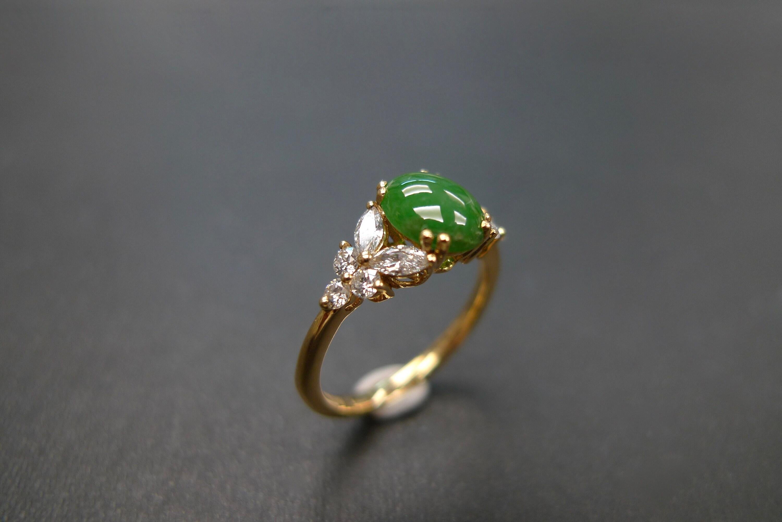 For Sale:  Natural Green Jade Ring with marquise and round diamond accents 3