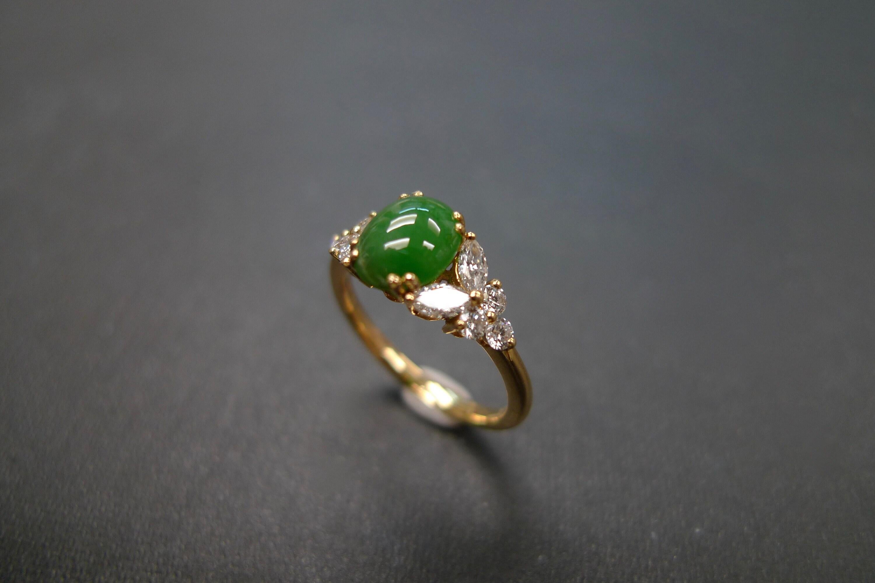 For Sale:  Natural Green Jade Ring with marquise and round diamond accents 4