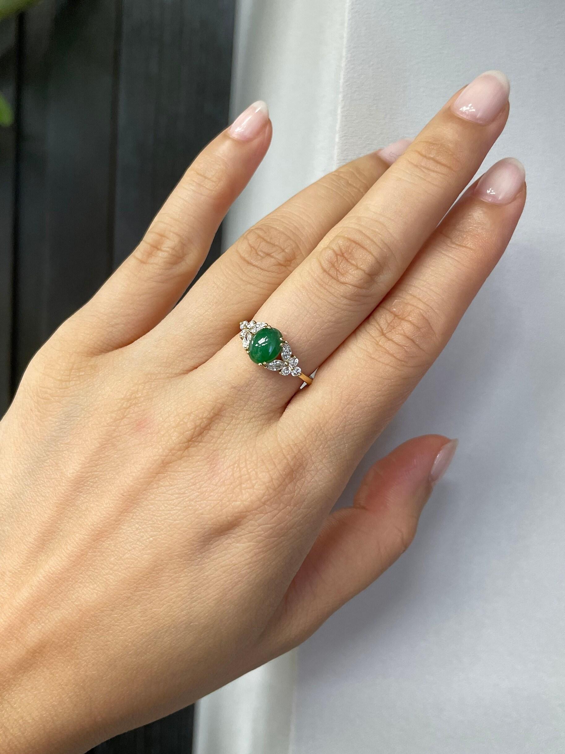 For Sale:  Natural Green Jade Ring with marquise and round diamond accents 5