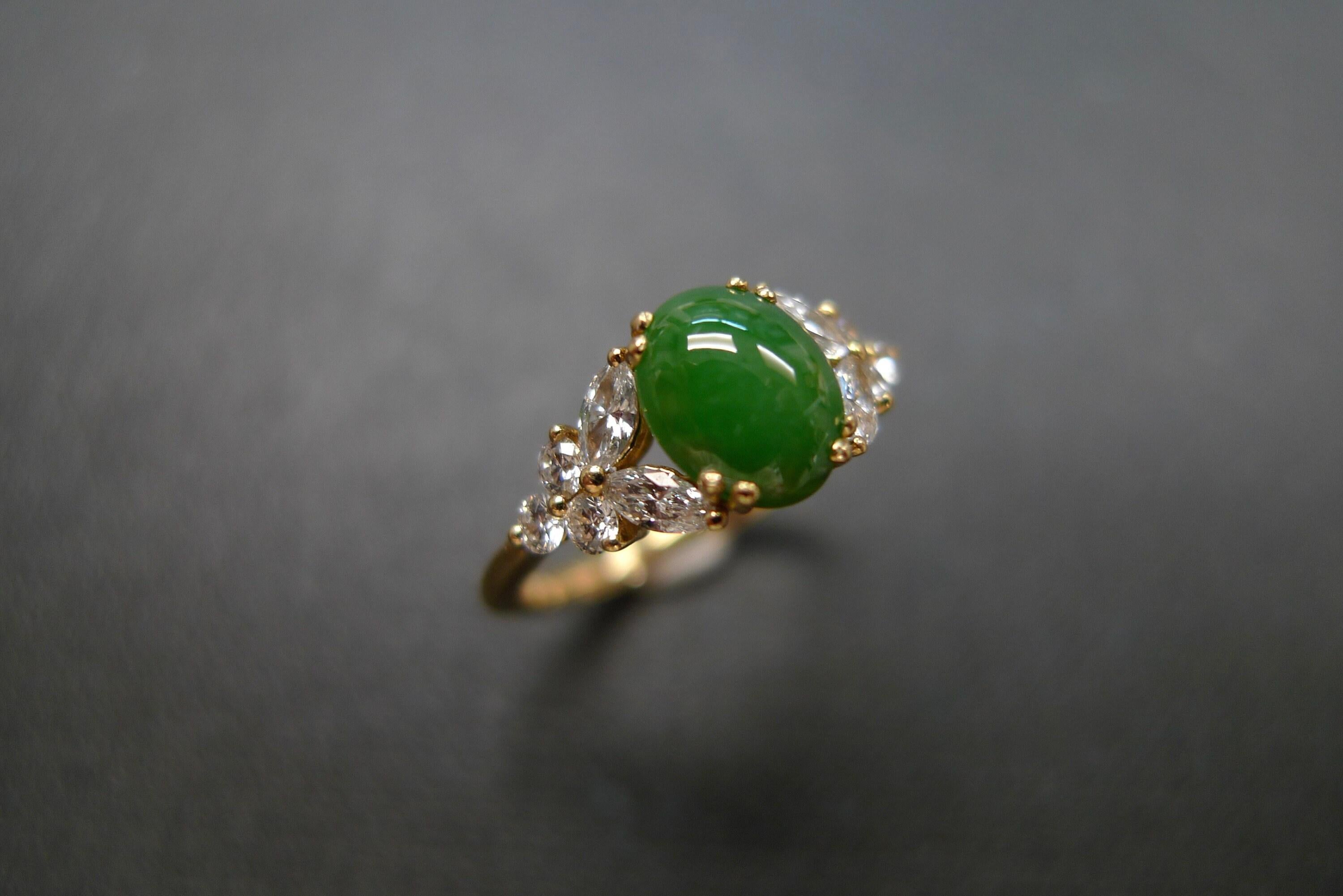 For Sale:  Natural Green Jade Ring with marquise and round diamond accents 6