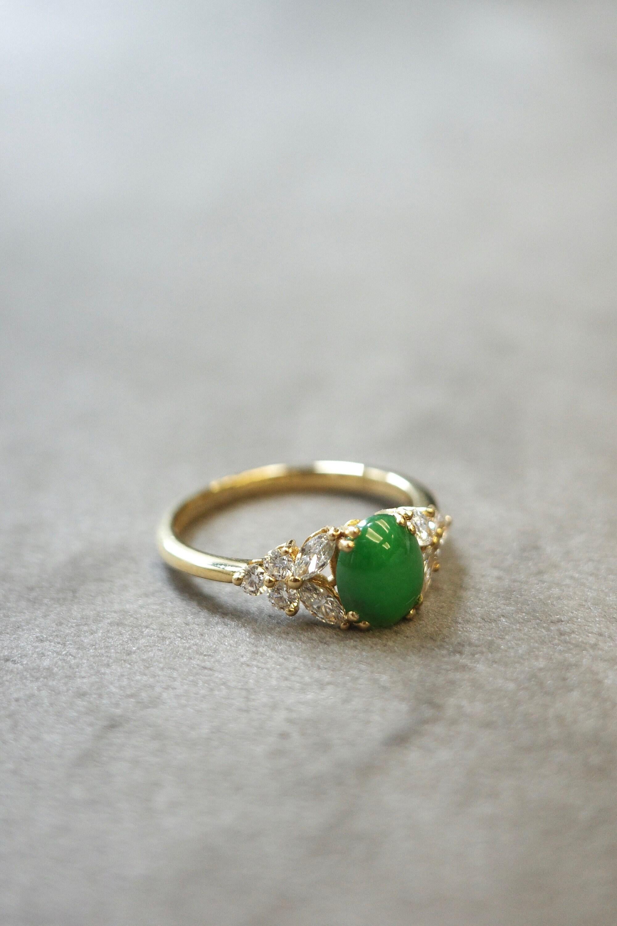 For Sale:  Natural Green Jade Ring with marquise and round diamond accents 7