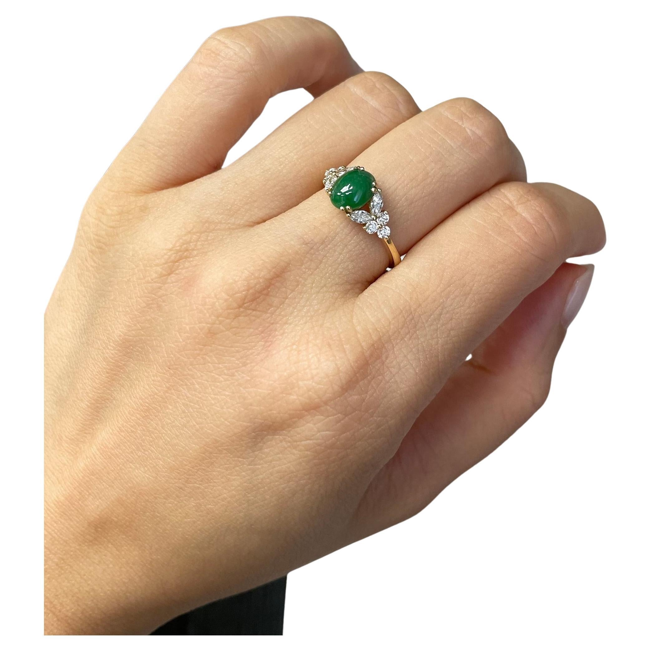 For Sale:  Natural Green Jade Ring with marquise and round diamond accents