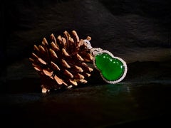 Natural Green Jadeite and Diamond Pendant in 18K Gold with Necklace