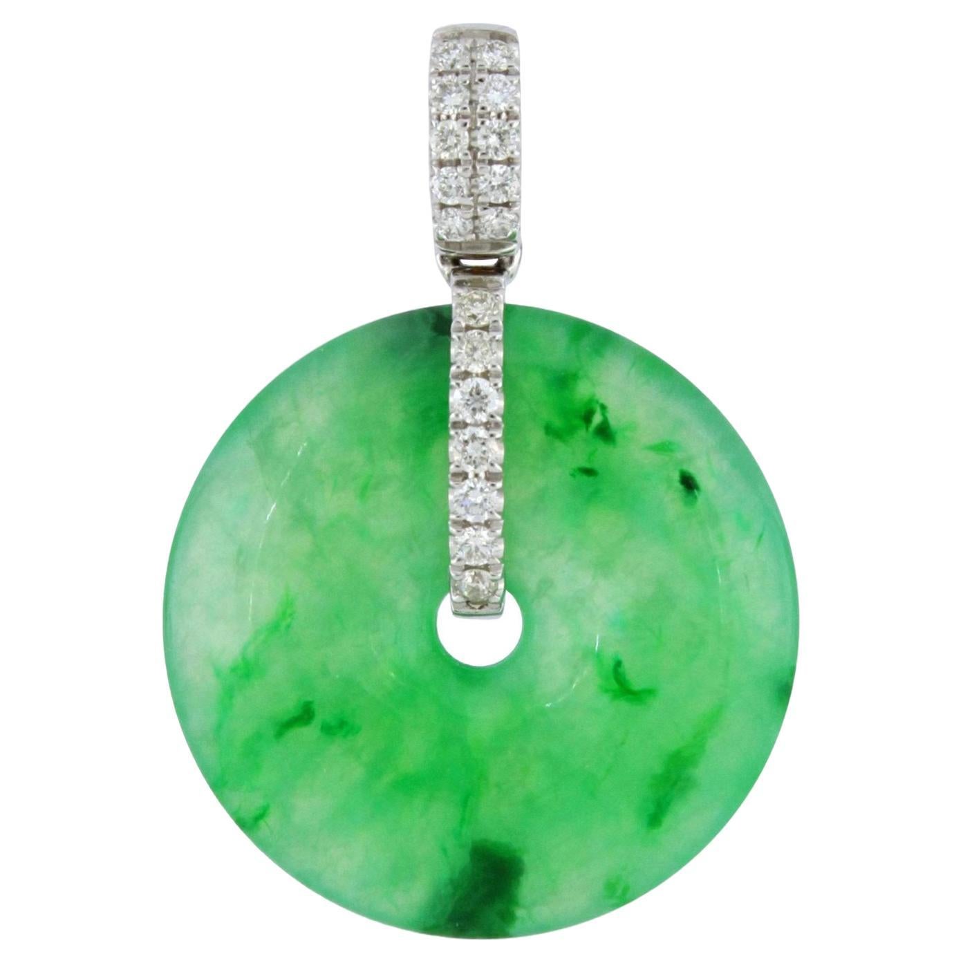 Natural Green Jadeite and Diamond Pendant in 18K Gold with Necklace For Sale