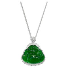 Pendentif en or 18 carats en jadéite verte naturelle et diamant avec collier