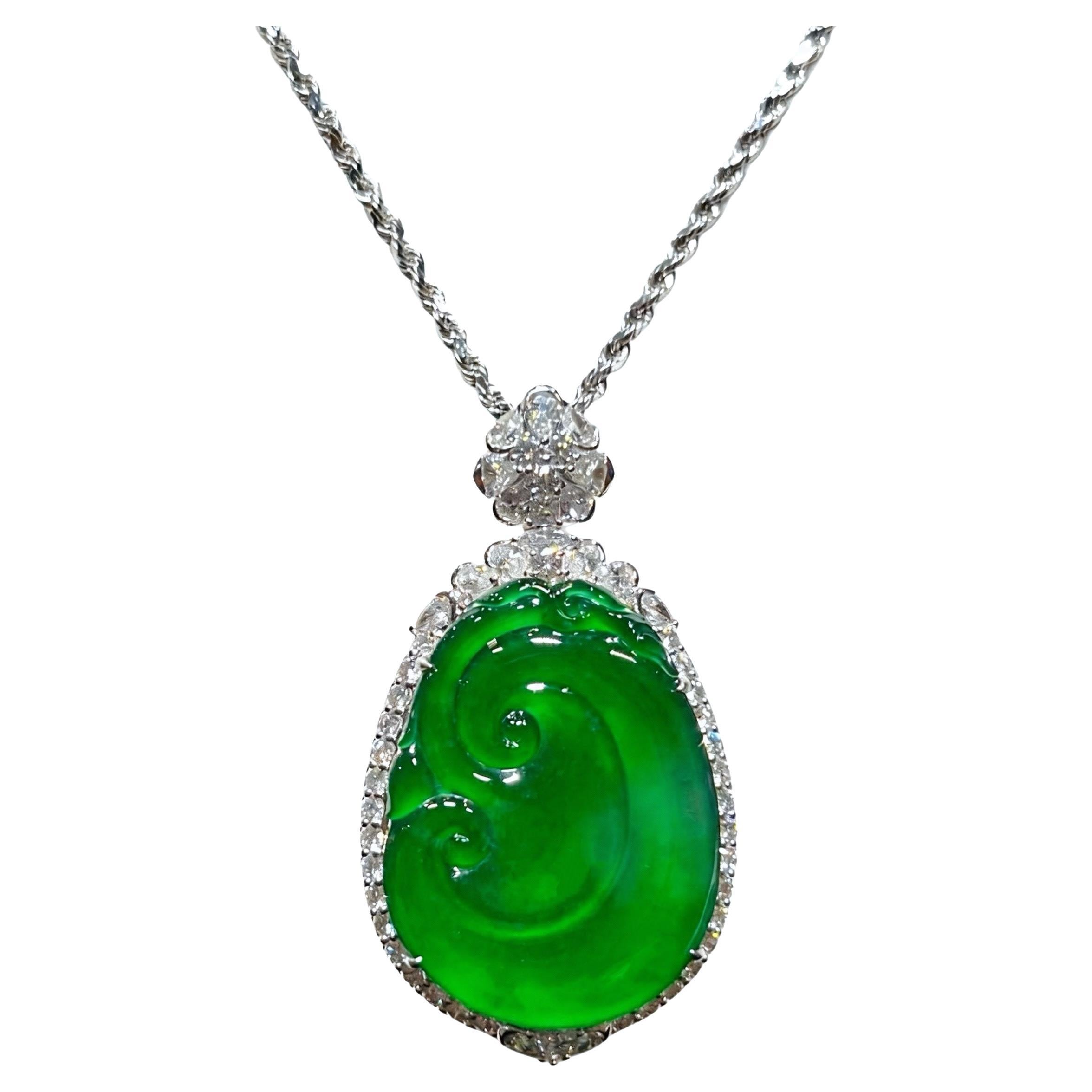 Natural Green Jadeite and Diamond Pendant in 18K Gold with Necklace