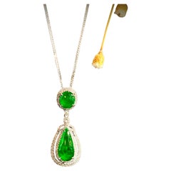 Natural Green Jadeite (Fei Cui) and Diamond Pendant in 18K White Gold