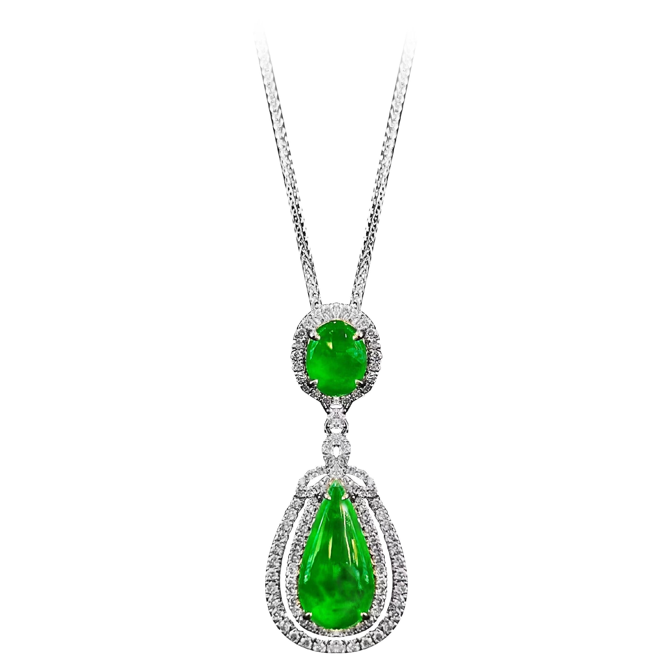 Natural Green Jadeite (Fei Cui) and Diamond Pendant in 18K White Gold
