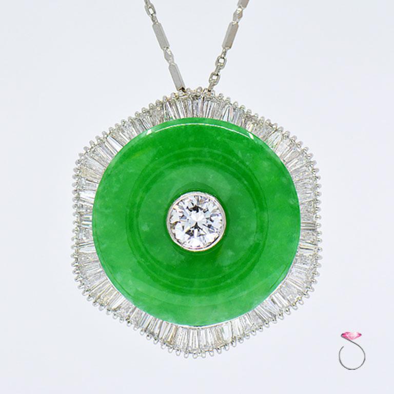 MAGNIFICENT  large natural apple green Jade & diamond necklace in platinum with GIA jade report. This gorgeous hololith 