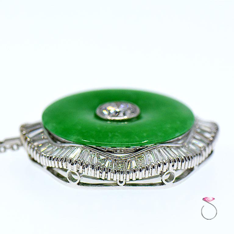 Round Cut Natural Green Jadeite Jade and Diamond Platinum Necklace, with GIA Jade Report For Sale