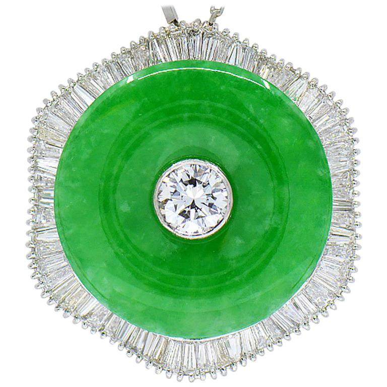 Natural Green Jadeite Jade and Diamond Platinum Necklace, with GIA Jade Report