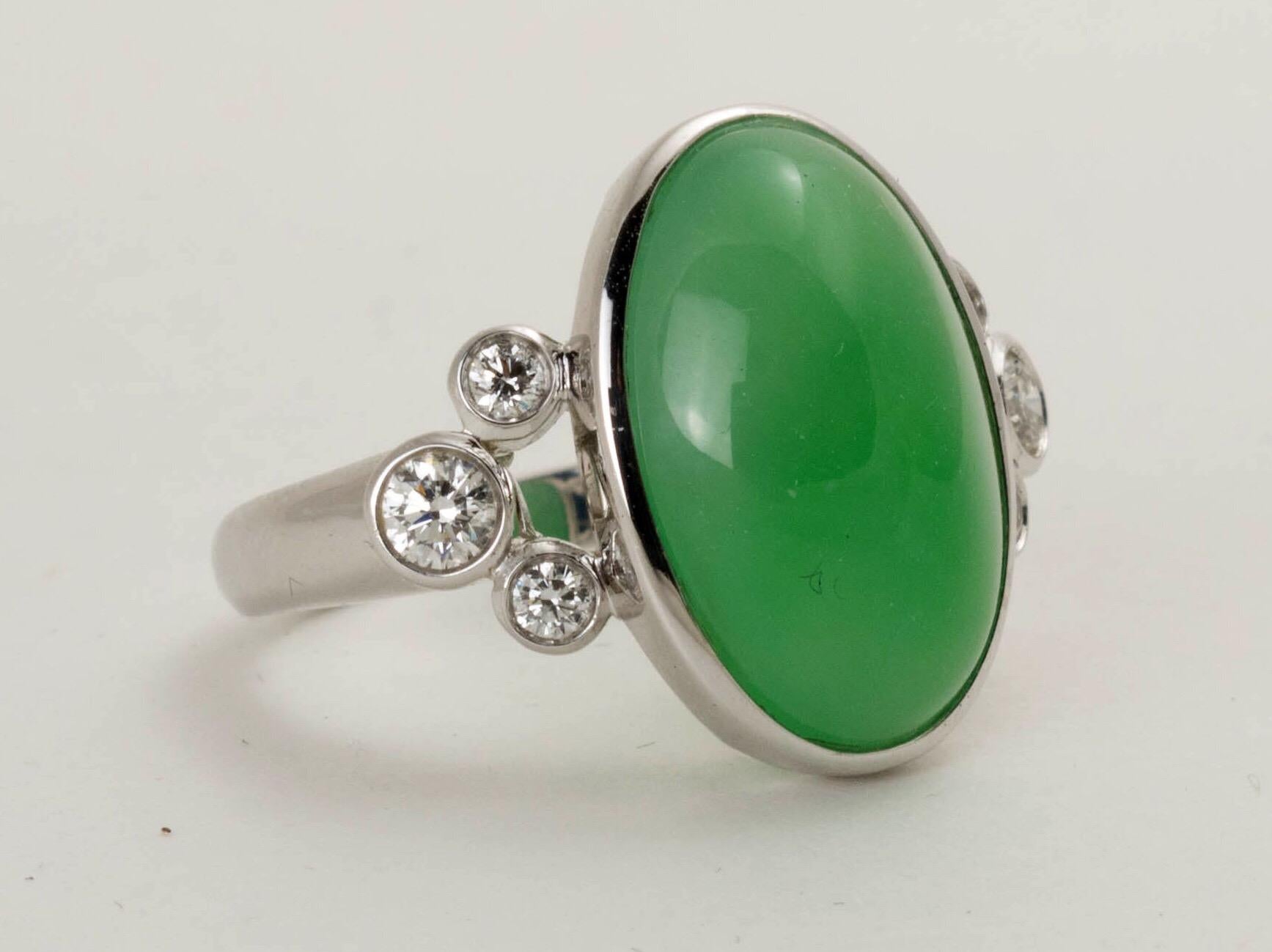 Natural Green Jadeite Jade Diamond White Gold Ring, GIA Certified 1