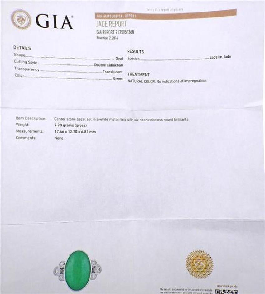 Natural Green Jadeite Jade Diamond White Gold Ring, GIA Certified 4