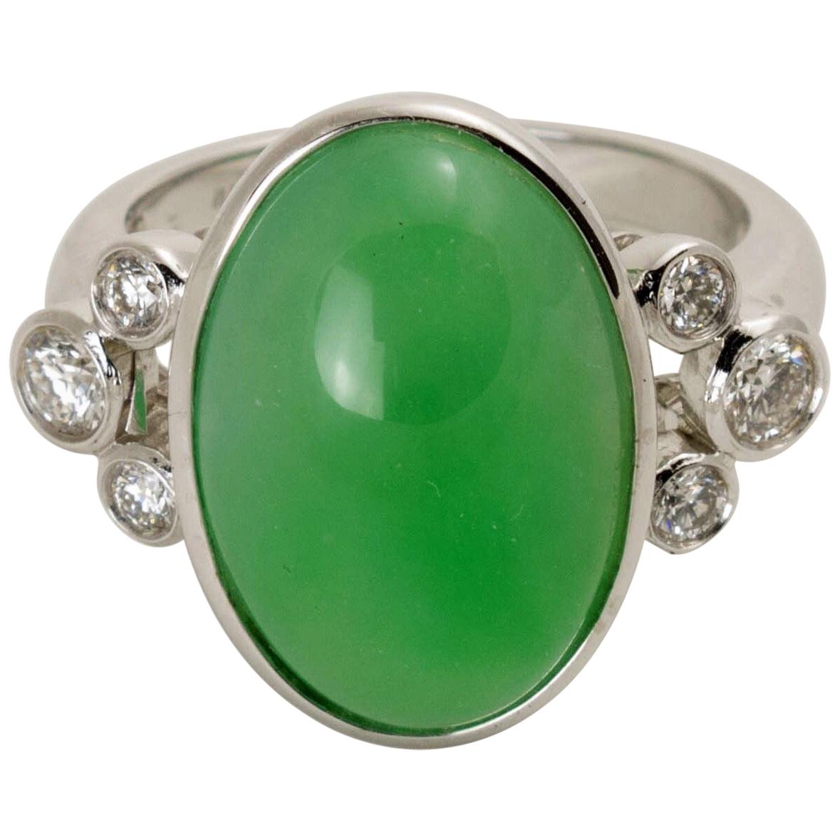 Natural Green Jadeite Jade Diamond White Gold Ring, GIA Certified