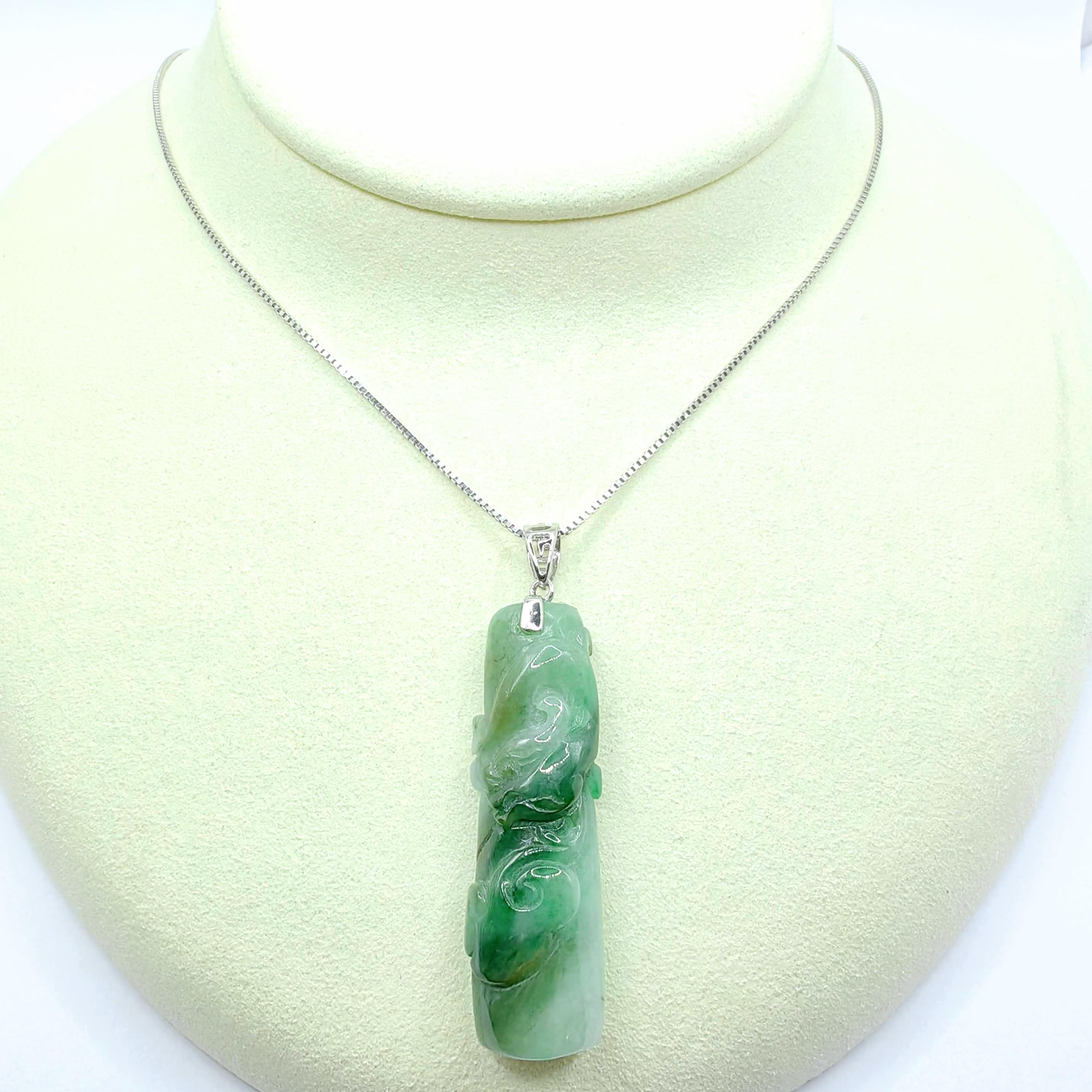Mixed Cut Natural Green Jadeite Jade Hand-Carved Dragon 18K White Gold Pendant (Certified) For Sale