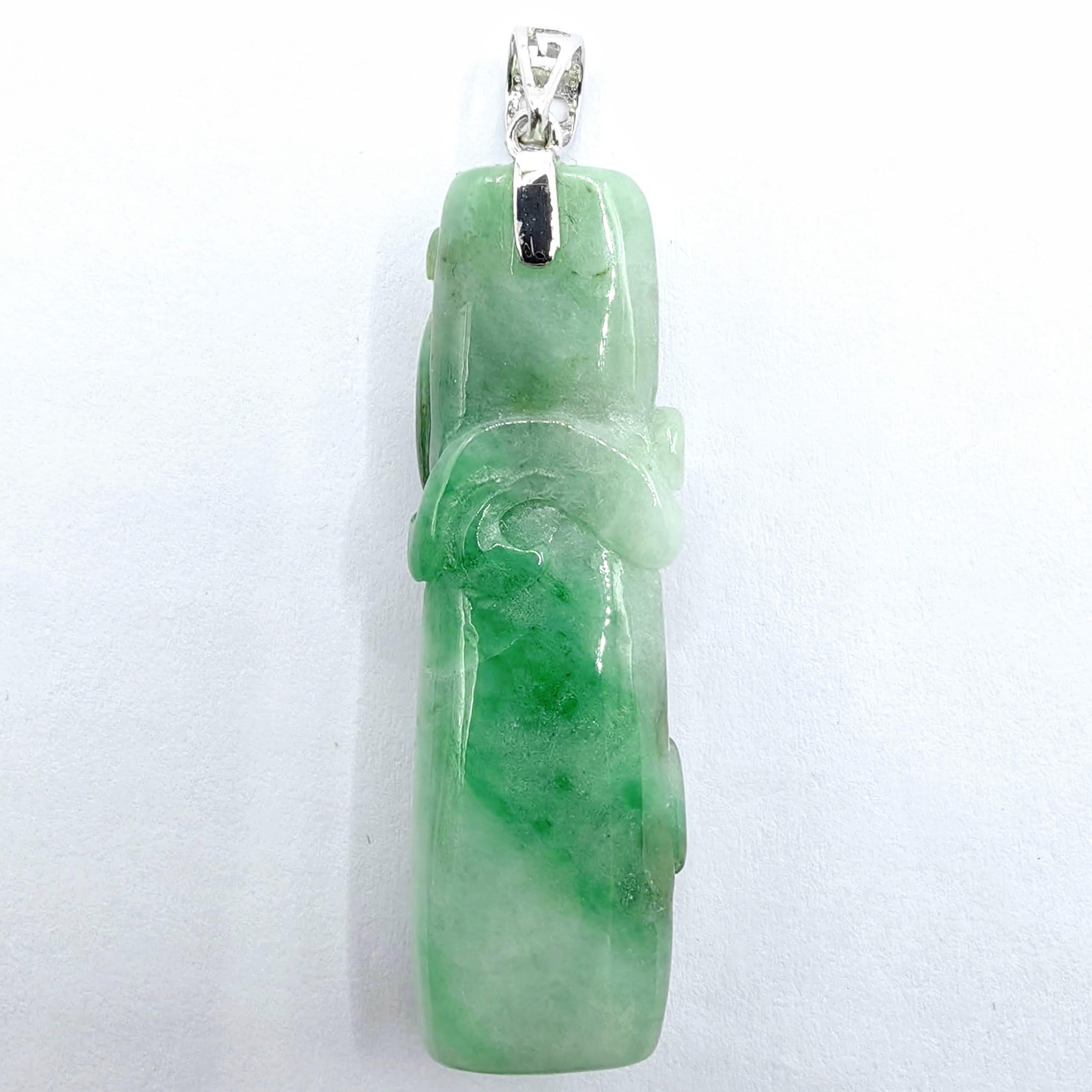 Women's or Men's Natural Green Jadeite Jade Hand-Carved Dragon 18K White Gold Pendant (Certified) For Sale