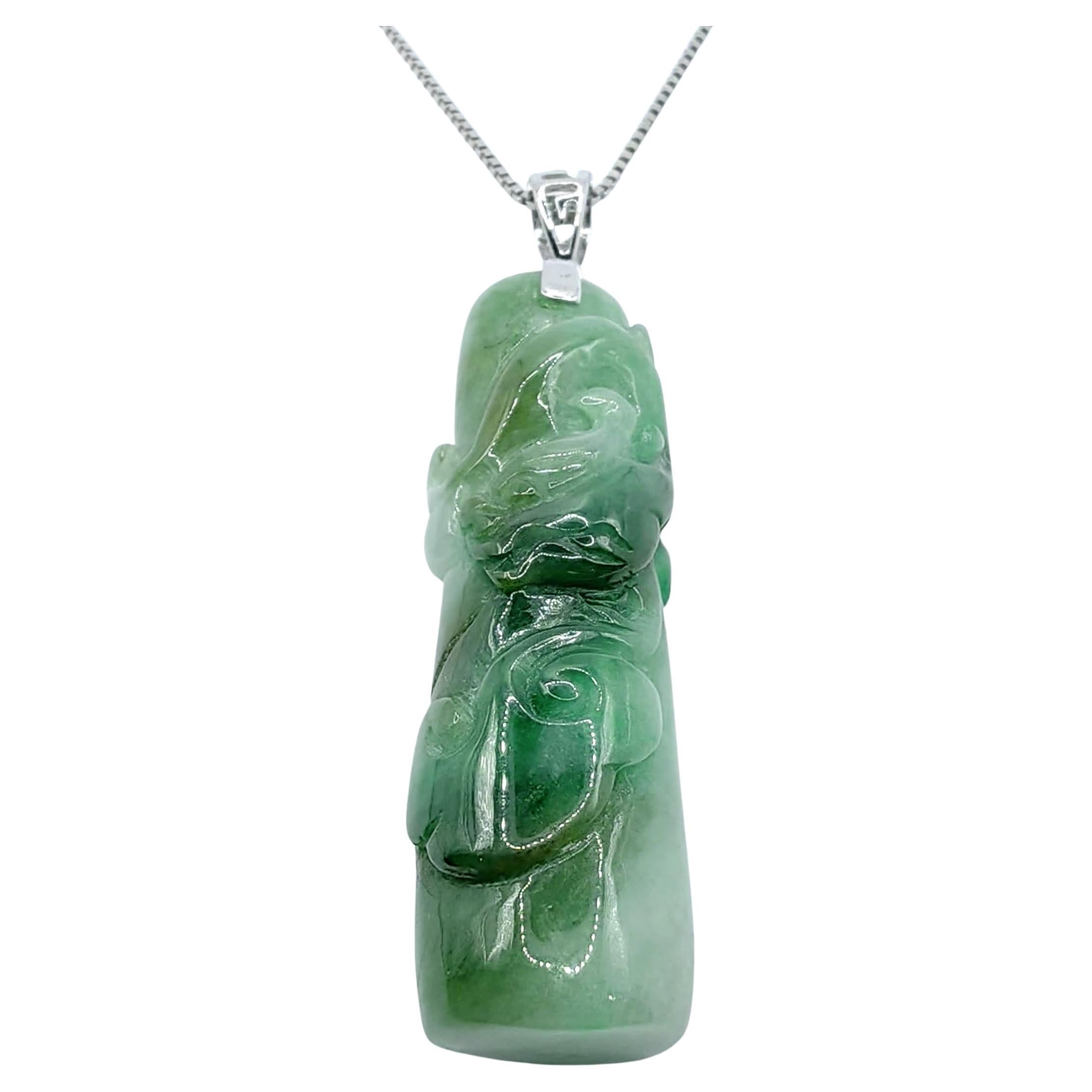 Natural Green Jadeite Jade Hand-Carved Dragon 18K White Gold Pendant (Certified) For Sale