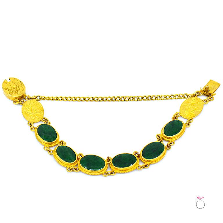 Art Deco Natural Green Jadeite Jade Sectional Bracelet, 24 Karat Gold