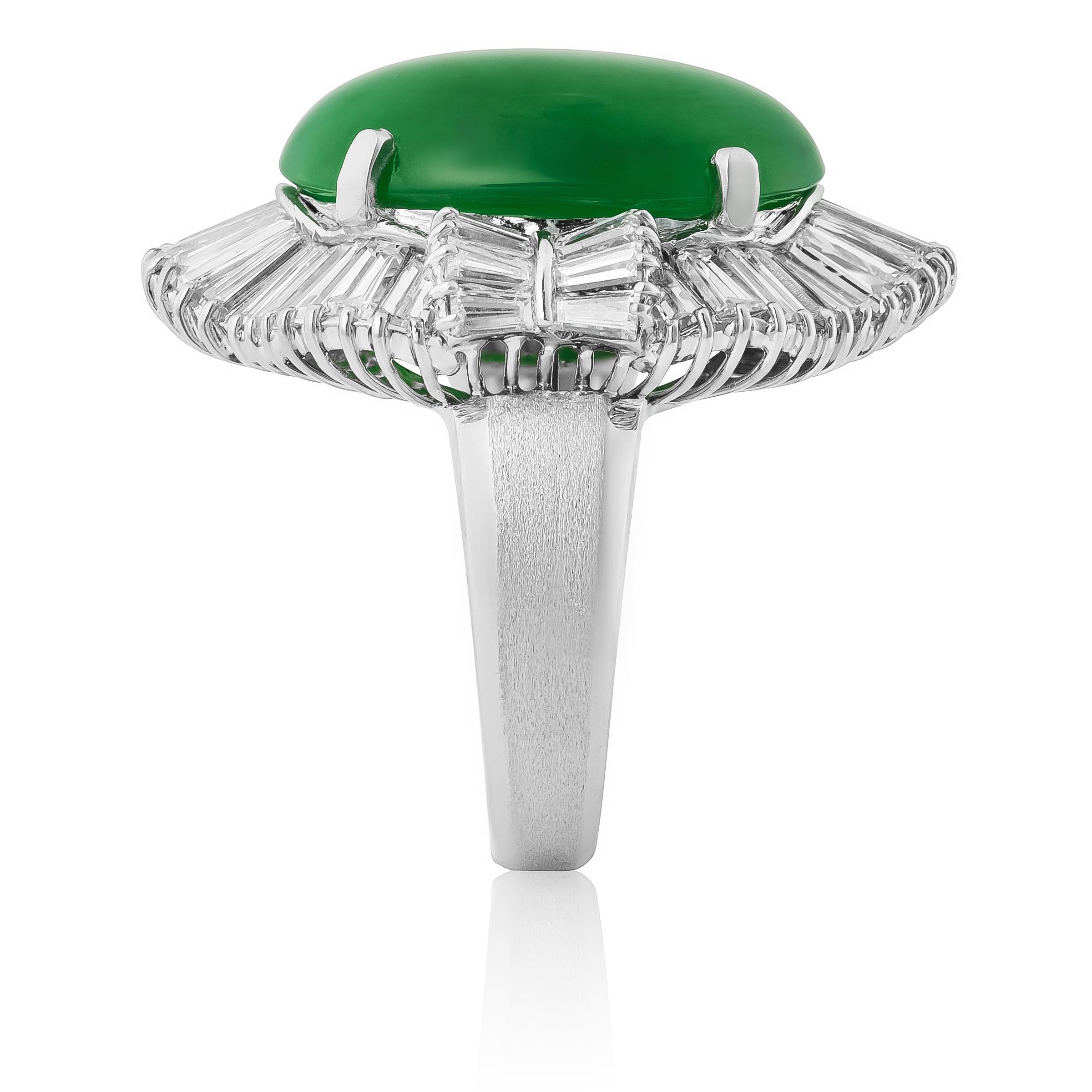 Cabochon Natural Green Jadiete Jade Stone 14.70 cts in 18KWG Ring w Diamonds / GIA Report For Sale
