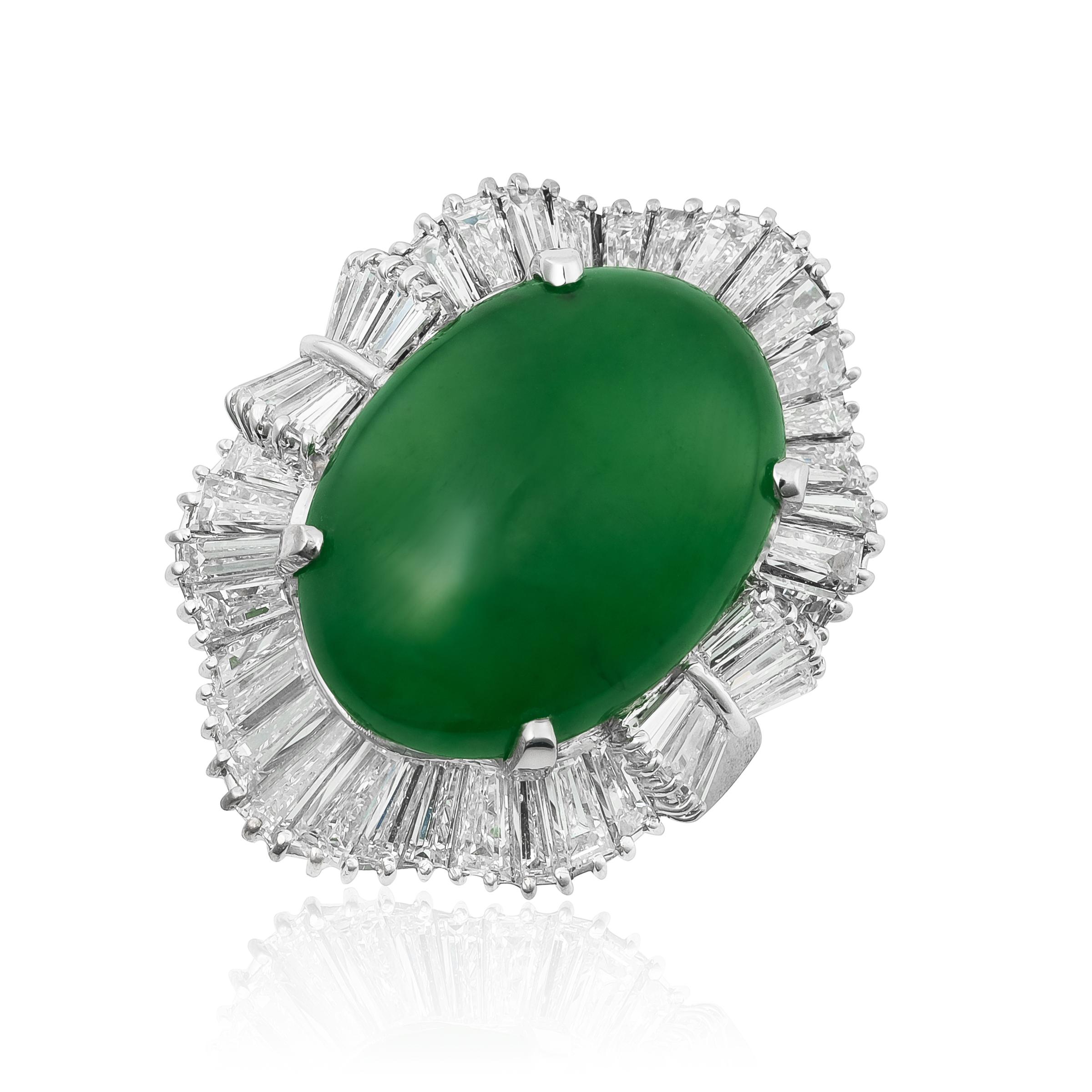 Women's Natural Green Jadiete Jade Stone 14.70 cts in 18KWG Ring w Diamonds / GIA Report For Sale