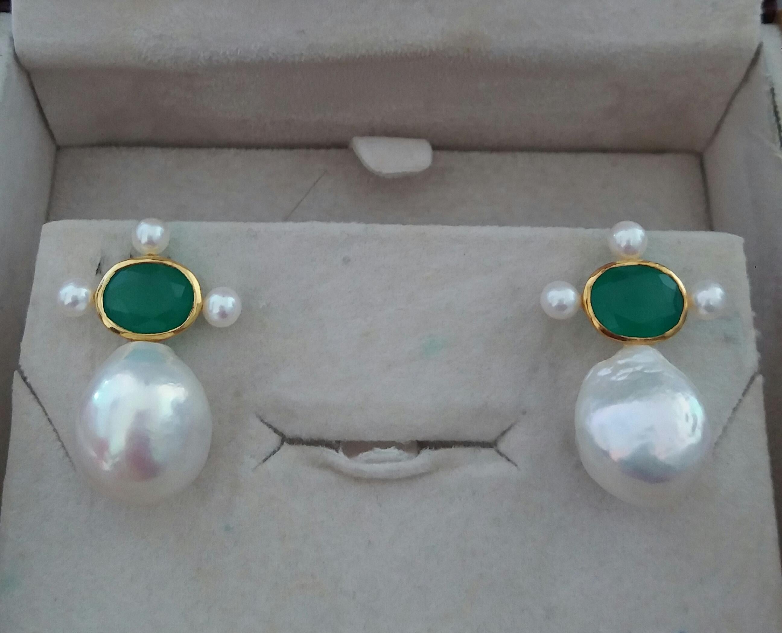 Oval Cut Natural Green Onyx 14k Yellow Gold Pear Shape Baroque Pearls Stud Earrings