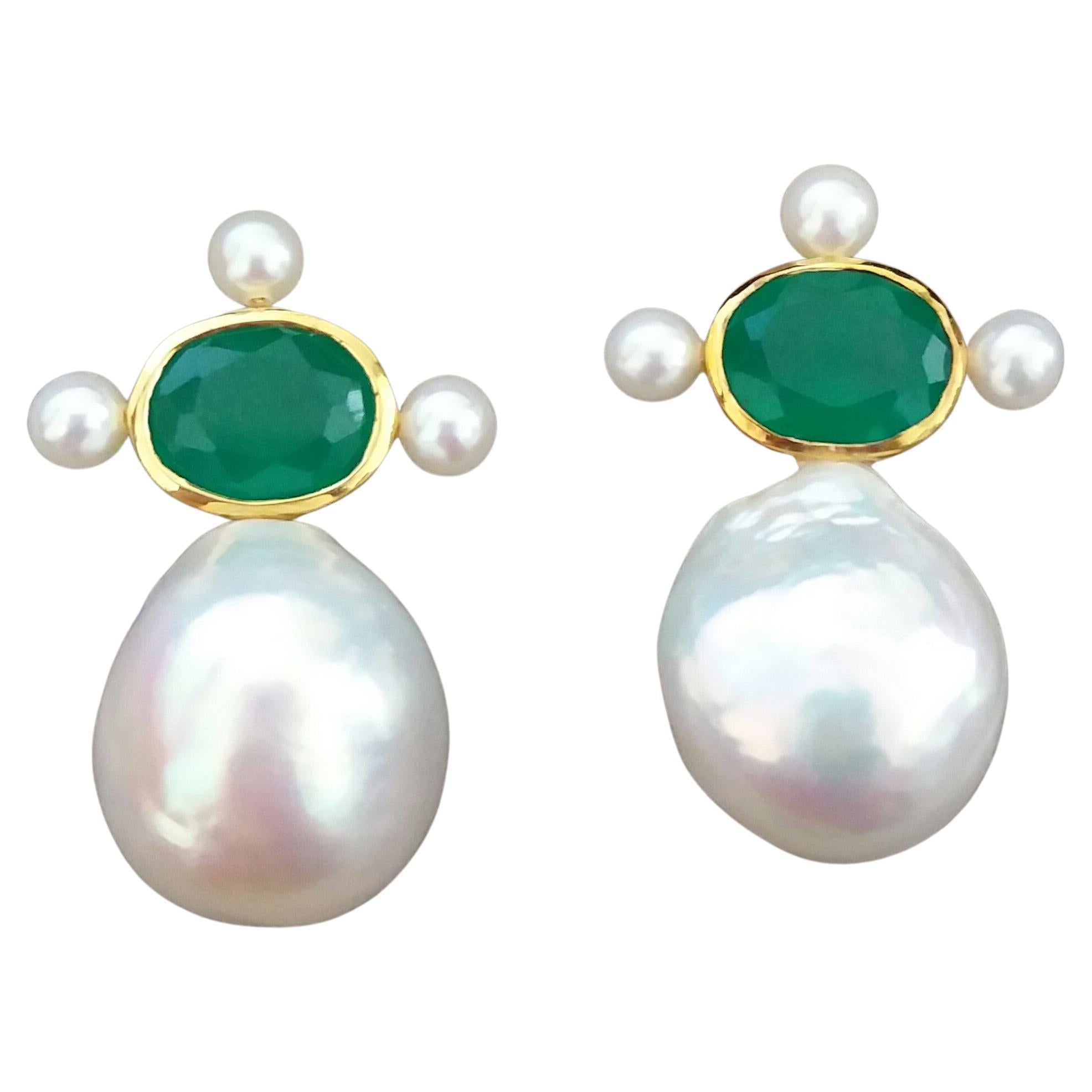Natural Green Onyx 14k Yellow Gold Pear Shape Baroque Pearls Stud Earrings